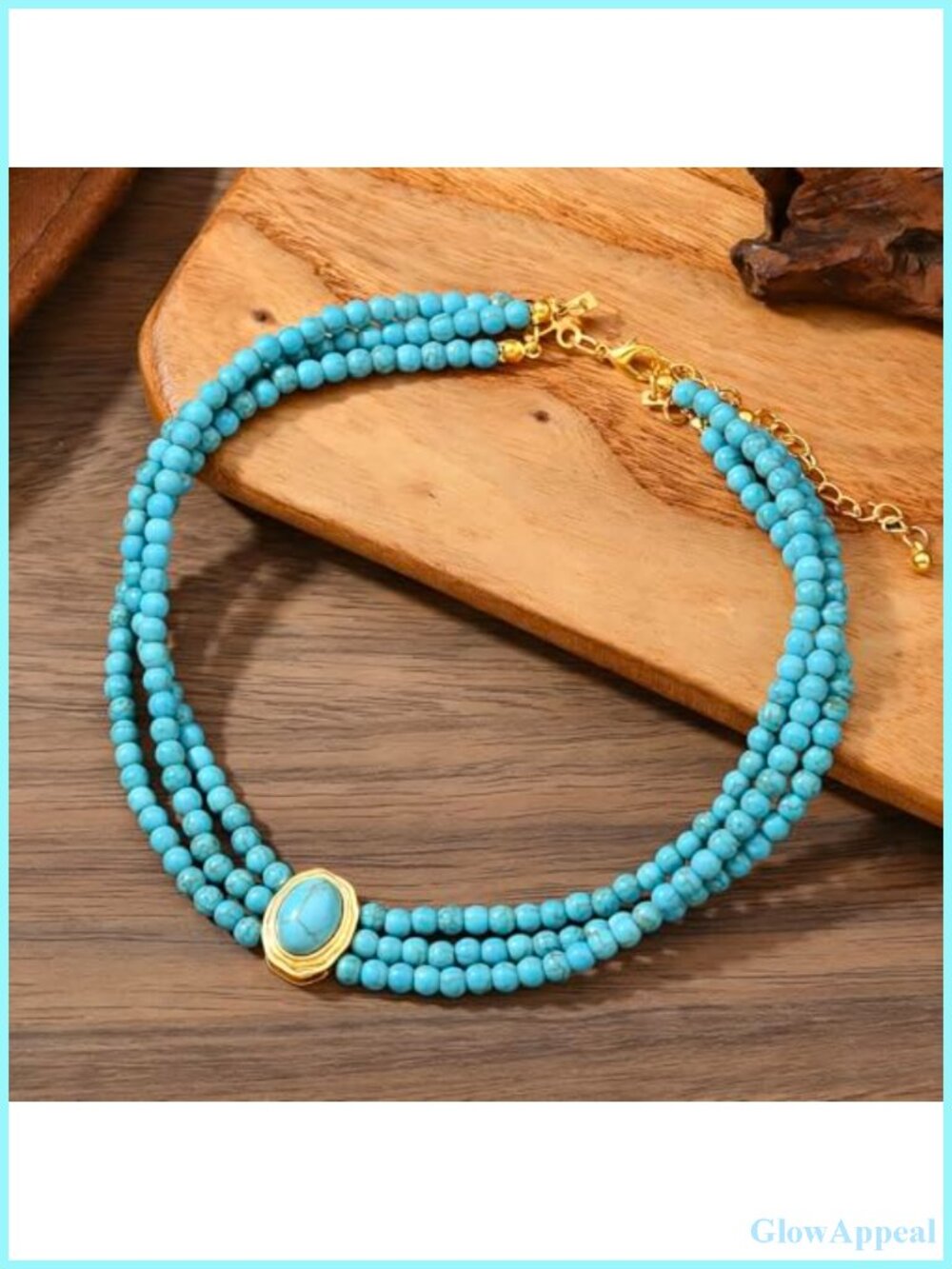 Turquoise Choker Necklace 3 Layer Stainless Steel Gold Plated - Picture 5 of 6